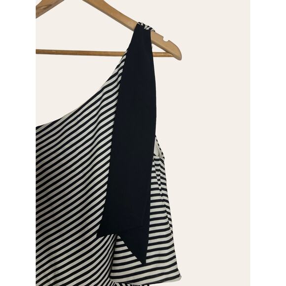 Halston Heritage Black White Striped Asymmetrical One Shoulder Midi Dress  XS - Picture 4 of 12